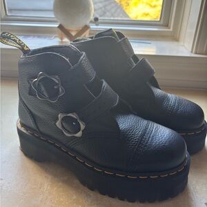 Dr. Martens Black Platform Shoes with Silver Flower Buckles